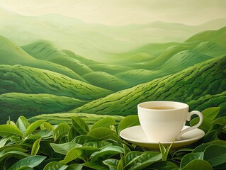 A white cup of tea on a Lush Green Tea Leaves with beautiful sunrise background