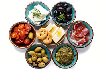 italian wine snacks set or mediterranean appetizers. brushettas, cheese variety, olives, pickles, pr