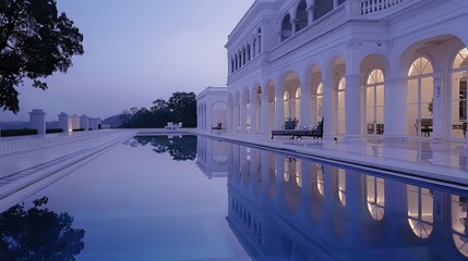 Wall Mural - Long shot of a white mansiona??s reflective pool area at dusk, with the mansion mirrored in the still water.