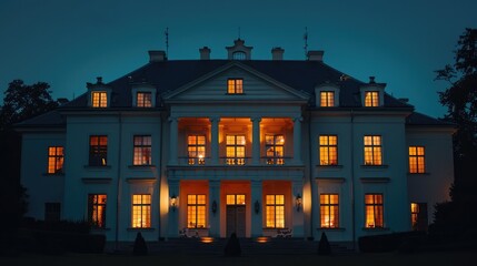 Wall Mural - Night view of a white mansion with glowing windows and sharp architectural lines against the twilight backdrop.