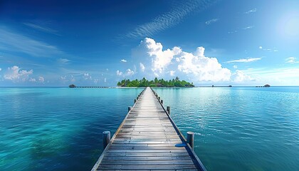 Wooden pier to an island in ocean against blue sky with white clouds, panoramic view. Beautiful tropical landscape background, concept for summer travel and vacation. Seaside getaway.