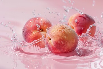 Wall Mural - The image shows three ripe peaches splashing in water, creating vibrant droplets against a pink background, highlighting their freshness and juicy texture.