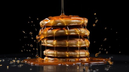 Wall Mural - photograph of a stack of pancakes floating in mid-air, syrup dripping down their sides, set against a black backdrop 
