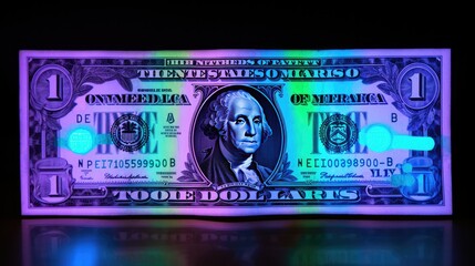 Wall Mural - Photograph of a US dollar bill illuminated by UV light, revealing the hidden fluorescent markings and security features 