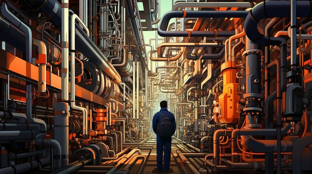 A cheerful oil refinery technician, checking digital readouts on a handheld device, standing amidst a maze of pipes and towers. Painting Illustration style, Minimal and Simple,