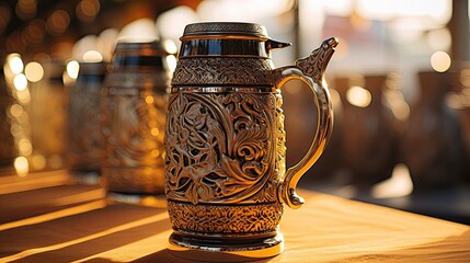 Wall Mural - A close-up of a traditional Bavarian beer stein with intricate designs and engravings at Oktoberfest