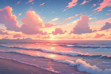Wall Mural - Golden Sunset: Tranquil Beach with Pastel Clouds