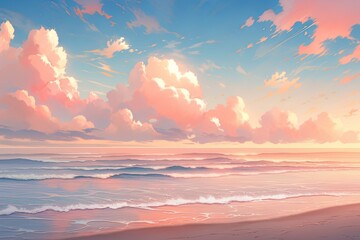 Wall Mural - Golden Sunset: Tranquil Beach with Pastel Clouds