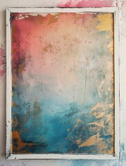 Wall Mural - An abstract painting in a white frame with pink, gold, and teal colors