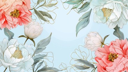 Peonies floral, luxury botanical on light blue background vector, empty space in the middle to leave room for text or logo, gold line wallpaper, leaves, flower, foliage, hand drawn