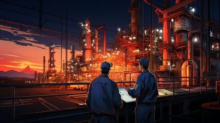 Sticker - An enthusiastic oil refinery engineer, discussing plans with a colleague, both gesturing animatedly while standing near a control room. Painting Illustration style, Minimal and Simple,