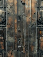 A close-up image of metallic panels with industrial details, showing rust and wear