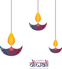 Poster - Happy Diwali, Festival of Light Wishing Card or Poster Design with Hanging paper cut diya (oil lamp) illustration on png background.