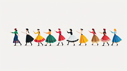 A minimalist depiction of a traditional Bavarian dance, with simple movements and colorful costumes