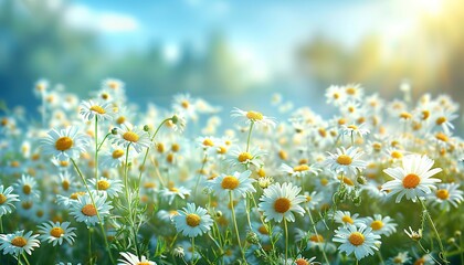 Wall Mural - Blooming glade of daisies and blue sky on sunny day with beautiful blurred spring floral background nature, daisies, blue sky, sunny day