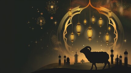 An Islamic Eid Al Adha black and gold greetings illustration and background with a goat silhouette