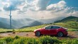 © Tracto - A hybrid car parked near a wind farm, with wind turbines and rolling green hills in the background