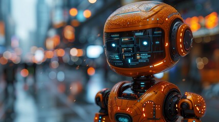 An orange robot stands on a bustling city street, showcasing futuristic technology among urban surroundings.