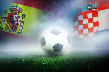 group b stage match , spain vs croatia , football nation flag and soccer ball on green grass