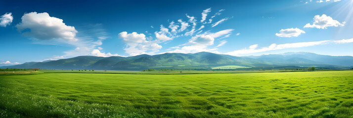 Poster - Panoramic natural landscape with green grass field, blue sky with clouds and and mountains in background. Panorama summer spring meadow. Shallow depth of field.