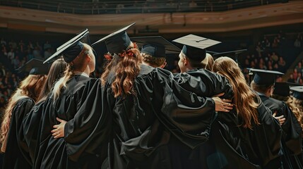 Evoke the grandeur of a graduation ceremony with a scene depicting students embracing and celebrating their success from a rear perspective