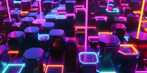 Abstract background with neon glowing hexagons, black and colorful, 3D rendering, high resolution, high quality, high detail, high definition, high focus, high sharpness, hyper realistic, detailed, co