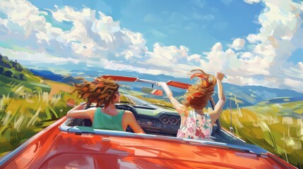 Two women enjoying a scenic road trip in a red convertible on a sunny day with blue skies and clouds. Adventure and freedom on the open road.