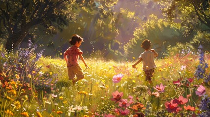 Two children running joyfully in a sunlit field of wildflowers surrounded by trees, capturing the essence of carefree childhood and nature's beauty.