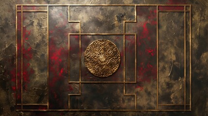 Wall Mural - A close-up of an ornate gold frame on a textured red and brown wall