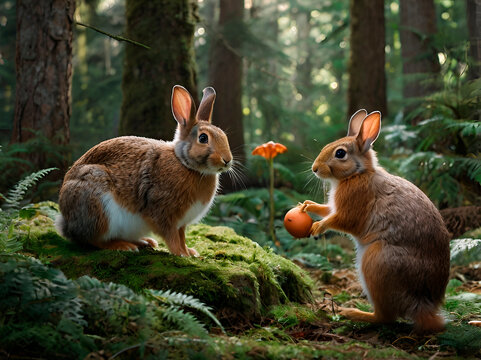 Rabbit and Friends: a rabbit interacting with other woodland creatures, such as squirrels, birds, and deer, in a friendly and lively forest scene.