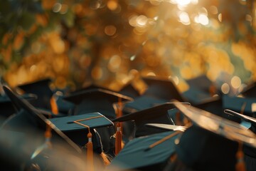 Wall Mural - Amidst the vibrant fall colors, students celebrate their academic milestone at the graduation ceremony, donning caps symbolizing their accomplishment and success in scholarly pursuits