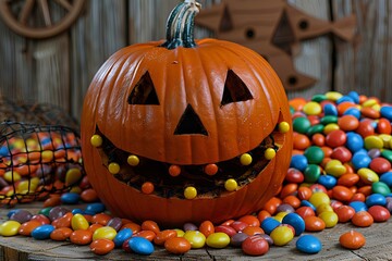 Wall Mural - A pumpkin sitting on top of a pile of candy