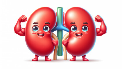 Fun and Engaging 3D Cartoon: Kidneys with Personality and Superpower! Caricature Kidneys (Vibrant Red, Smiling, Biceps) Exude Playful Strength