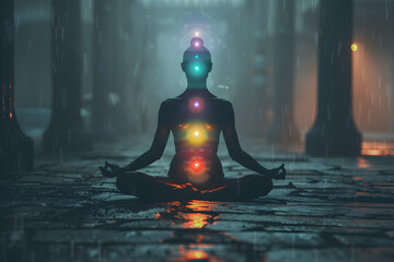 Wall Mural - a person practicing yoga and meditation with glowing chakras, promoting inner peace and mental well-