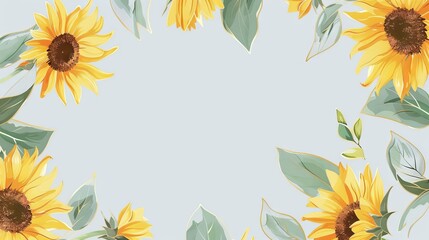 Wall Mural - Sunflowers floral, luxury botanical on light blue background vector, empty space in the middle to leave room for text or logo, gold line wallpaper, leaves, flower, foliage, hand drawn 