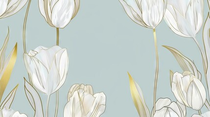 Wall Mural - Tulips floral, luxury botanical on light blue background vector, empty space in the middle to leave room for text or logo, gold line wallpaper, leaves, flower, foliage, hand drawn