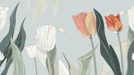 Wall Mural - Tulips floral, luxury botanical on light blue background vector, empty space in the middle to leave room for text or logo, gold line wallpaper, leaves, flower, foliage, hand drawn