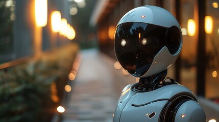 A robot stands in front of a modern building at night, with its metallic structure illuminated by the city lights.