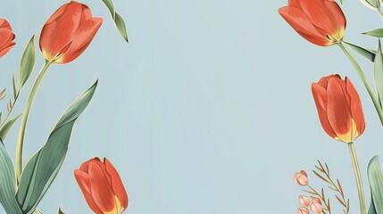 Wall Mural - Tulips floral, luxury botanical on light blue background vector, empty space in the middle to leave room for text or logo, gold line wallpaper, leaves, flower, foliage, hand drawn