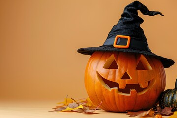 Wall Mural - A halloween pumpkin with a witch's hat and gourds