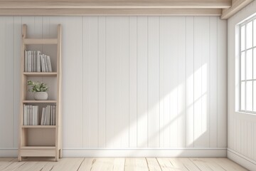 white wood plank wall decorated with wooden shelves