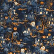 © Saysamorn - A seamless pattern of spooky Halloween decorations such as jack-o'-lanterns, skeletons, and moonlit scenes creating an intricate and continuous celebration layout
