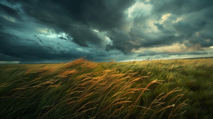 field of tall grass swaying under a dark sky in stormy weather