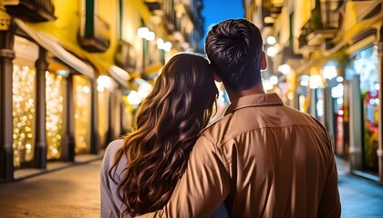 a couple in love walking in the streets in the night