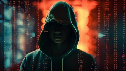 Poster - Hacker silhouette of hooded man with binary data and terms related to computer crime