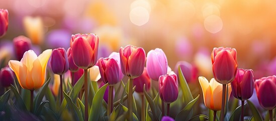 Wall Mural - Vibrant tulip field blooming in the spring with copy space image included.