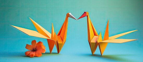Wall Mural - paper crane in green color set against a yellow backdrop with copy space image.