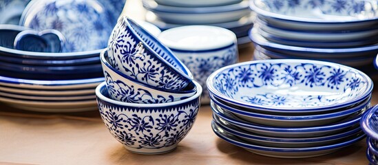 Canvas Print - Empty ceramic plates, bowls, and cups arranged on a light background for a copy space image.