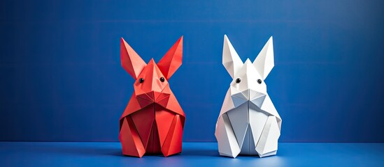Wall Mural - Origami red rabbit or bunny with copy space image, set against a blue backdrop, symbolizing Chinese New Year of the Rabbit and Easter festivities.