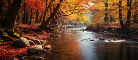 Poster - autumn forest river scene with copy space image.